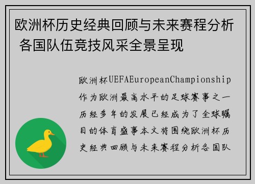 欧洲杯历史经典回顾与未来赛程分析 各国队伍竞技风采全景呈现