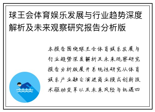 球王会体育娱乐发展与行业趋势深度解析及未来观察研究报告分析版